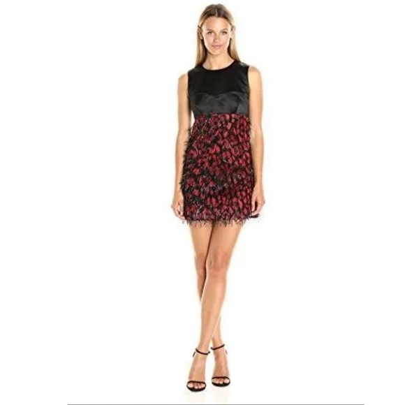 NEW MILLY Sweatheart A-Line Mini Dress Sz 6 Black/Red Eyelash Cocktail Party - Picture 1 of 12